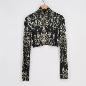 Norma Kamali Jewelled Print Long Sleeve Turtleneck Crop Top Dark Green Women's L